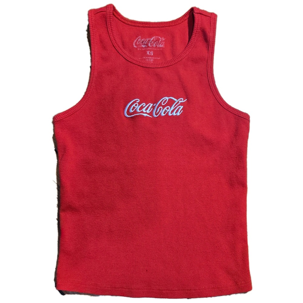 Coca-Cola Red Ribbed Embroidered Logo Cropped Top Racerback XS Womens Summer